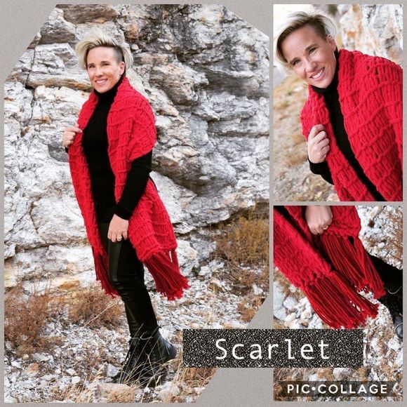 New! Handmade Oversized Knitted Bright Red Scarf - Picture 1 of 12